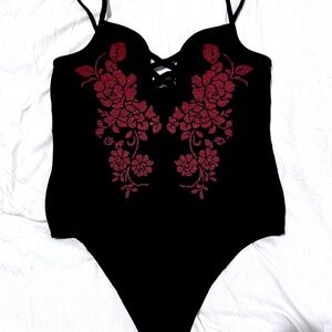 Boohoo Black and Red Floral Beaded Bodysuit